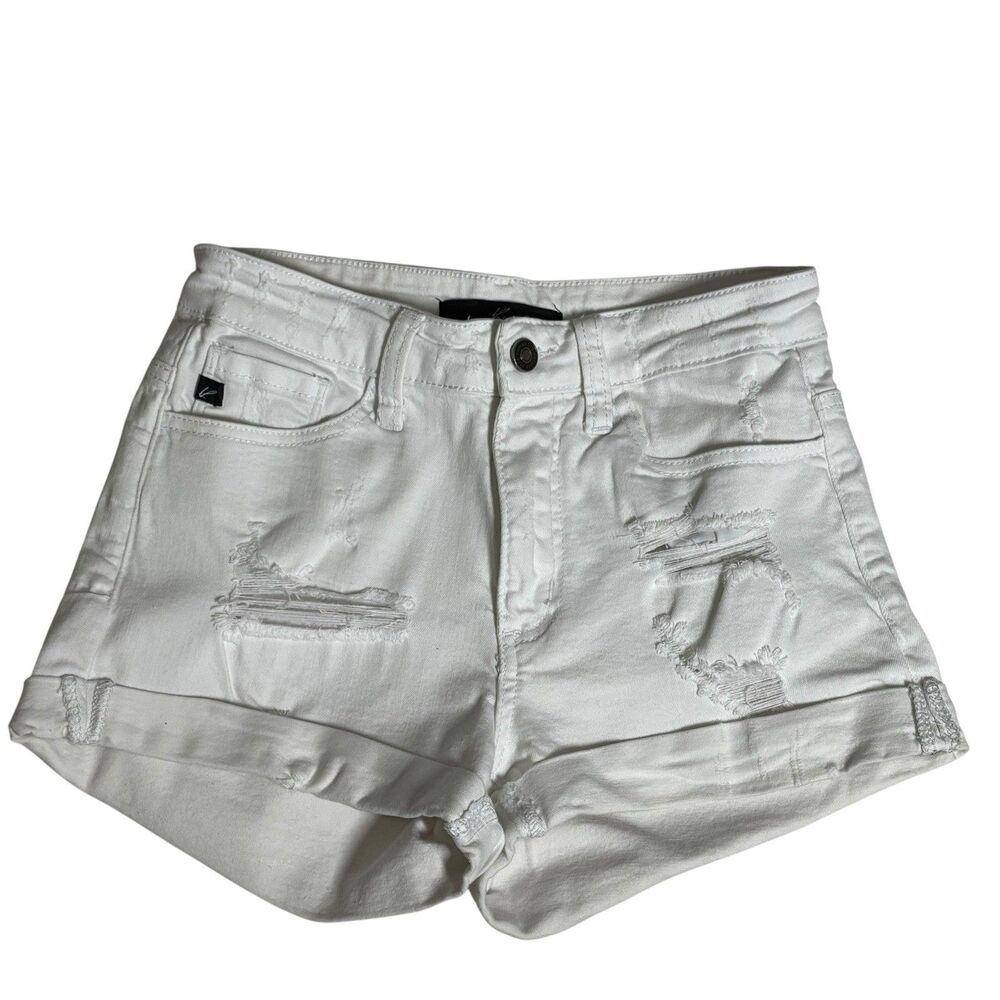 Kancan Womens 5/26 White Denim Distressed Stretch Cuff Shorts Casual Summer Vcay